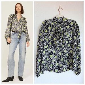 The Kooples Wild Blossom Tie Neck Top in Black Yellow & White Size 3 (US M)